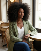 Woman sitting at a table in a cafe wearing a green blazer.