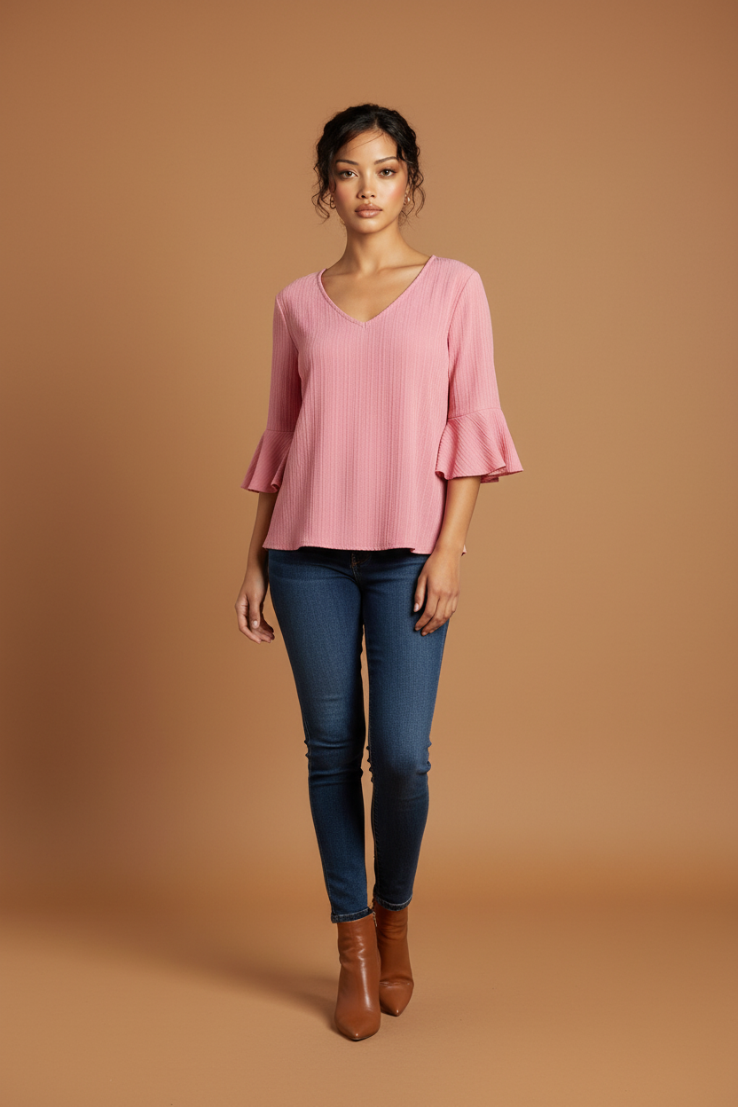 Rose Ribbed V-Neck Blouse