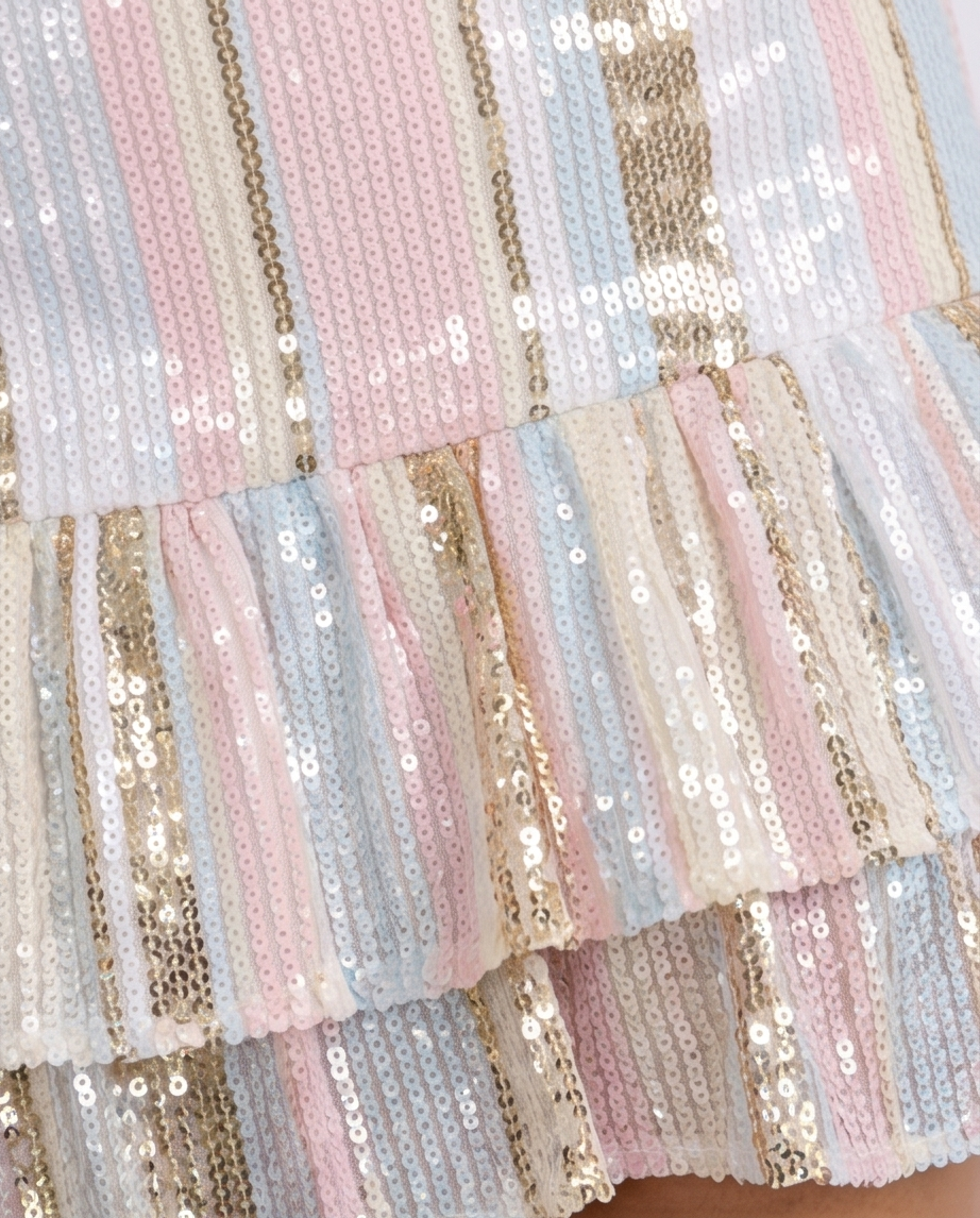 Close-up of a multicolored sequined fabric with pastel shades.