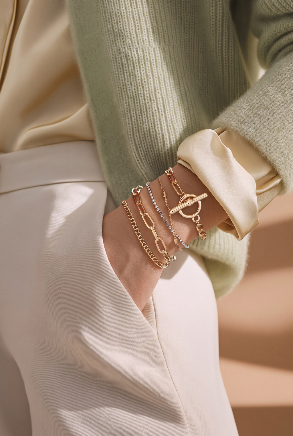 A close-up of a person's wrist wearing multiple delicate gold-tone bracelets, including chain styles and a toggle bracelet, styled with a cream satin shirt and a sage green knit sweater.
