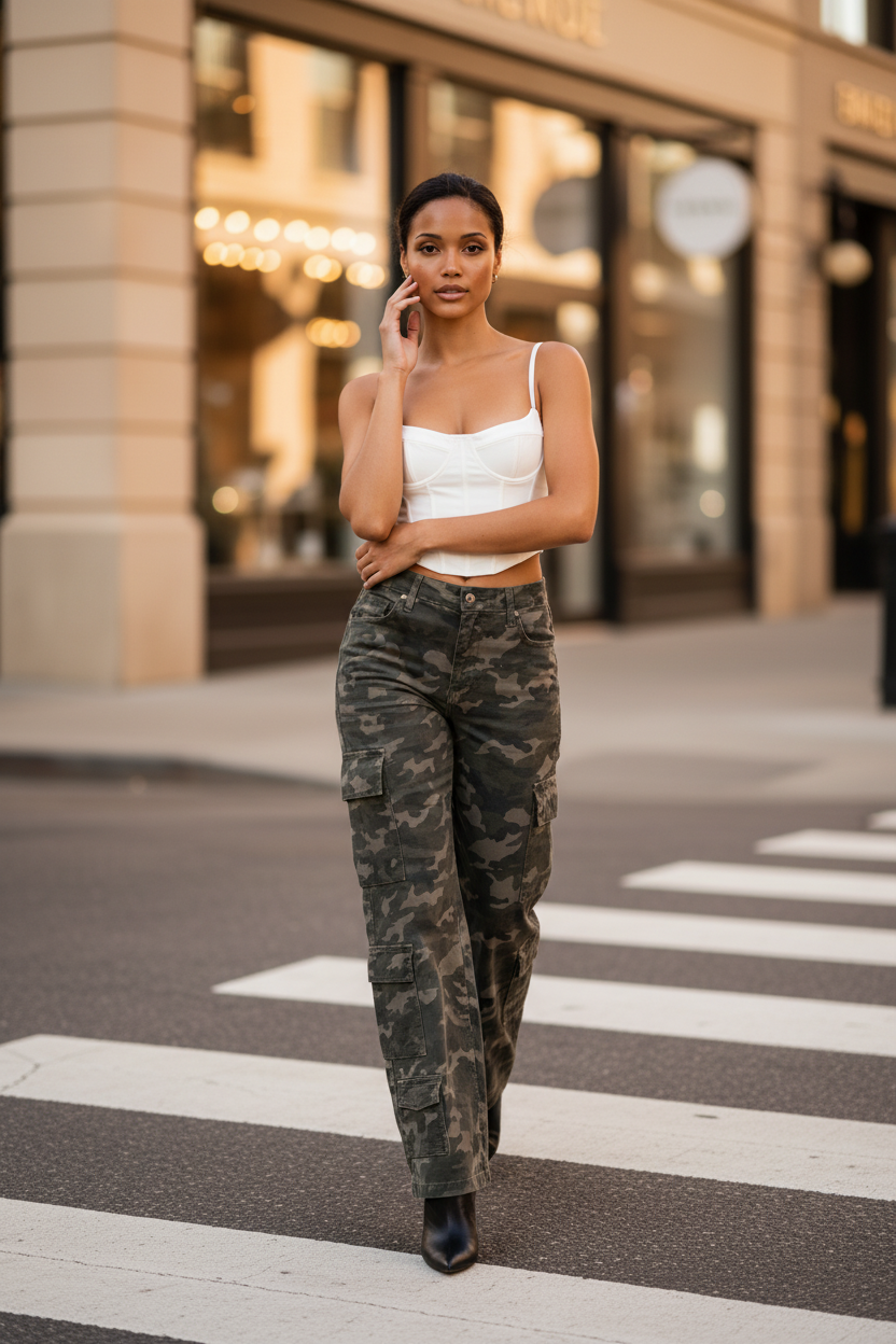 Camo Denim Cargo Wide Leg Pants