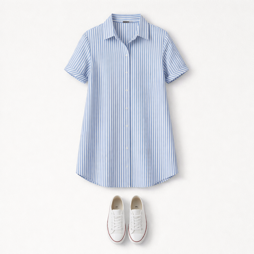 Button Striped Blouse Dress