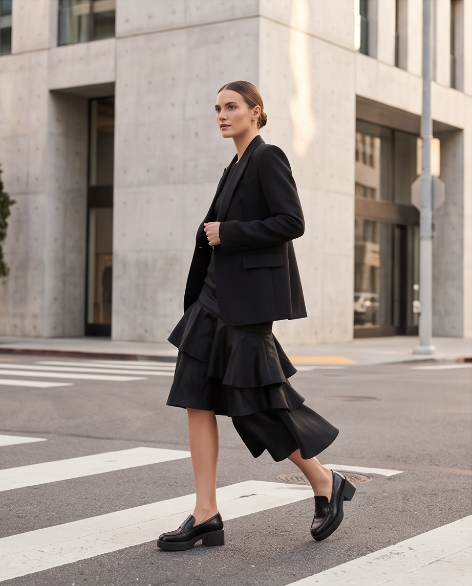 A woman walks across a city crosswalk wearing a black tailored blazer, a black tiered midi skirt, and black loafers, with a modern concrete building in the background.