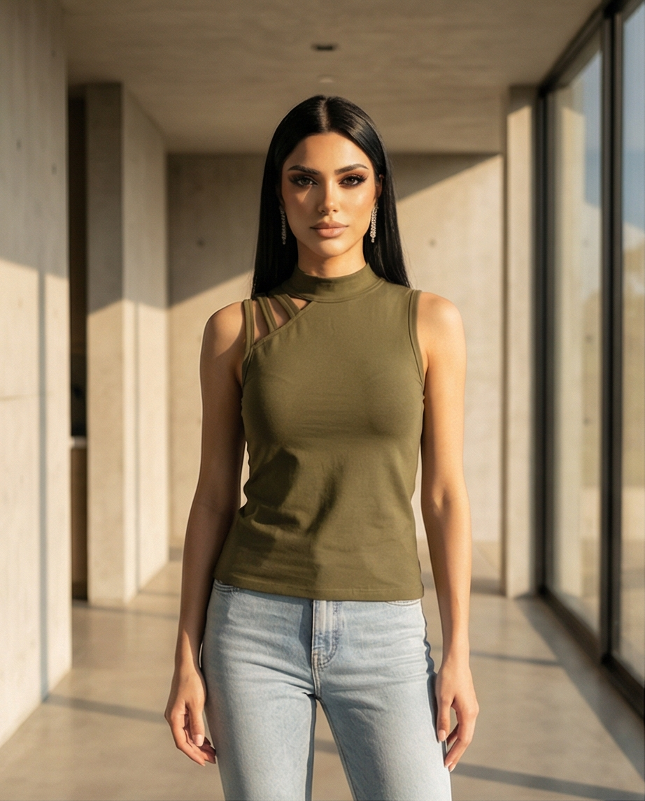 Woman wearing a green sleeveless top and light blue jeans standing in a modern architectural setting.