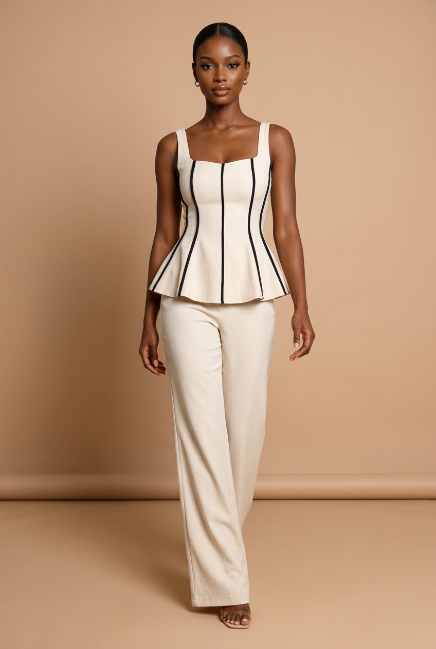 A woman modeling a sleeveless peplum top and matching wide-leg pants set in cream with vertical black stripes, set against a solid beige studio backdrop.