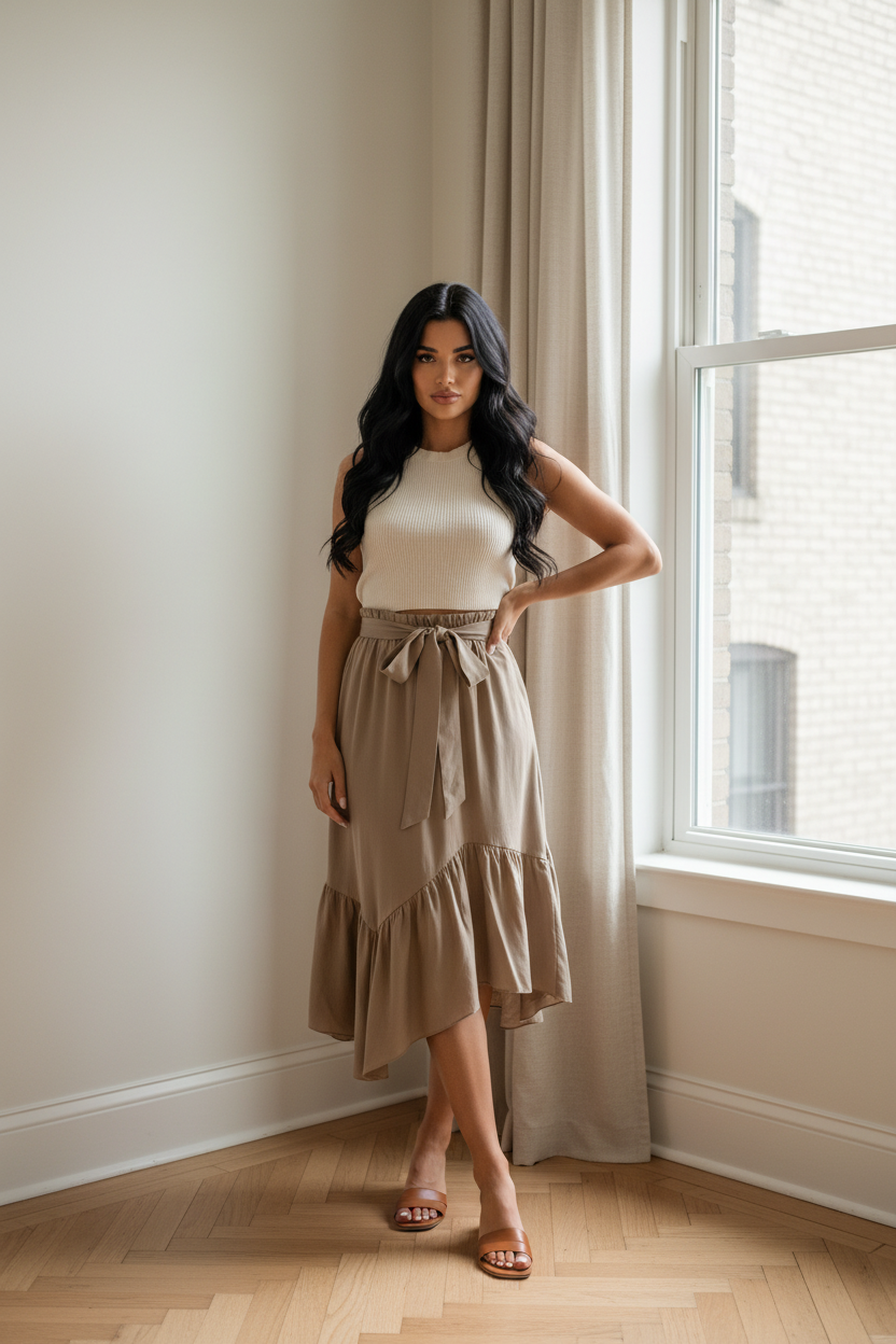 Woman in a white top and beige skirt standing in a room with a window and curtains.
