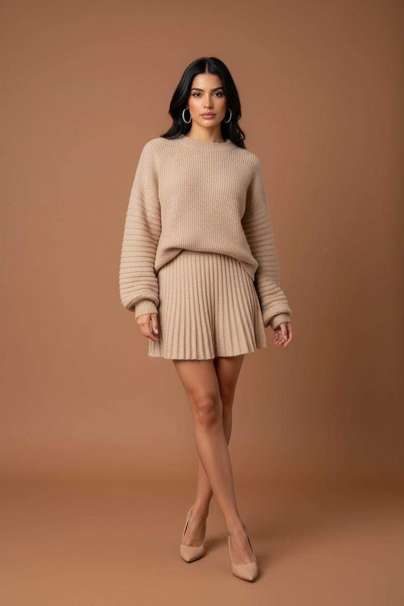 Beige Puff Sleeve Coordinate Set