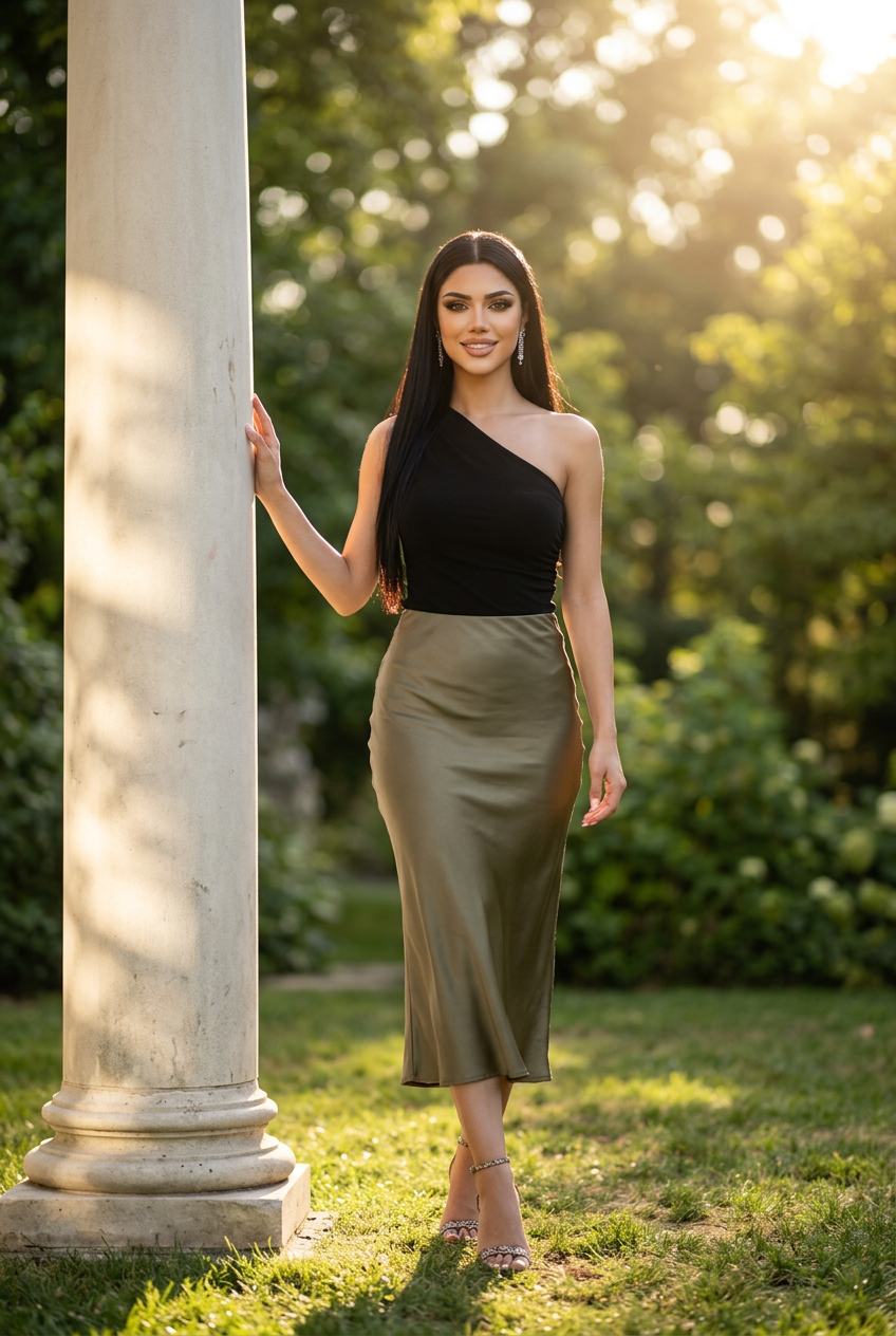 Woman in a black top and gold skirt standing next to a column in a garden.