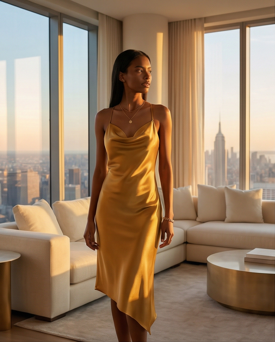 Woman in a yellow dress standing in a modern living room with large windows overlooking a cityscape.