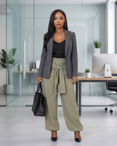 A woman stands in a modern office setting wearing a tailored gray blazer, olive green wide-leg pants with a tied waist sash, a black top, and black heels, while holding a black tote bag.