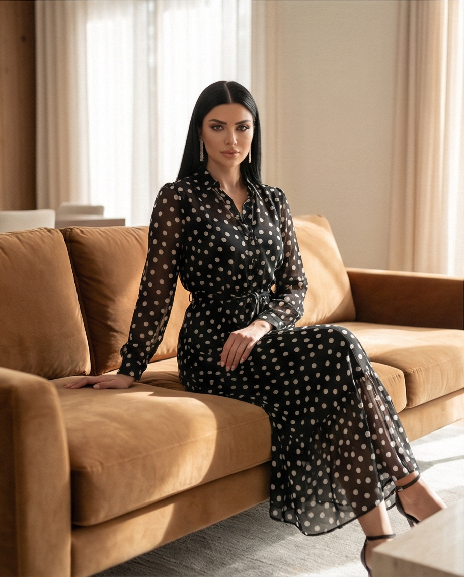 Woman in a polka dot dress sitting on a brown couch in a well-lit room.
