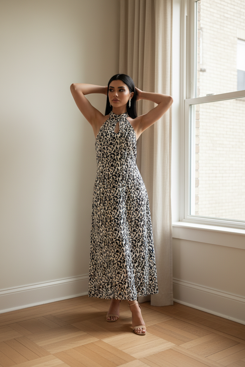 Woman in a floral dress standing in a room with a window and light-colored walls.