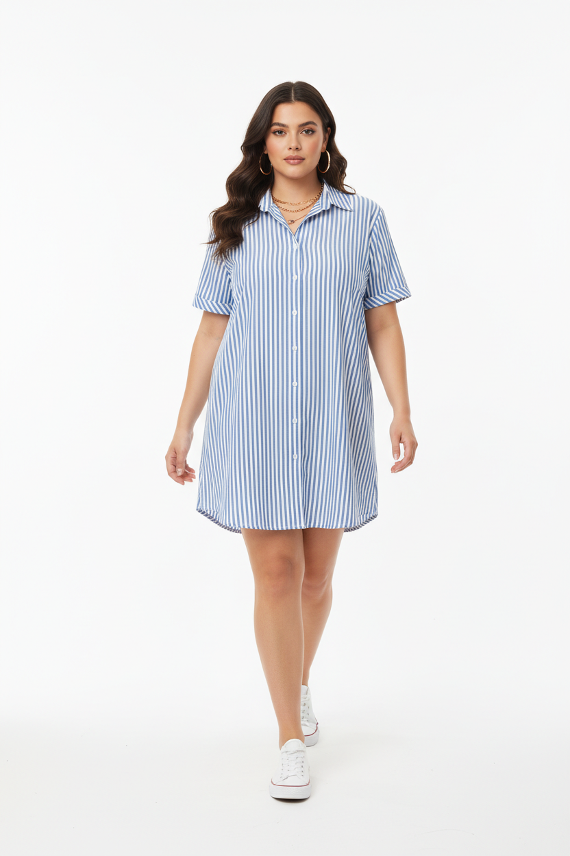 Button Striped Blouse Dress