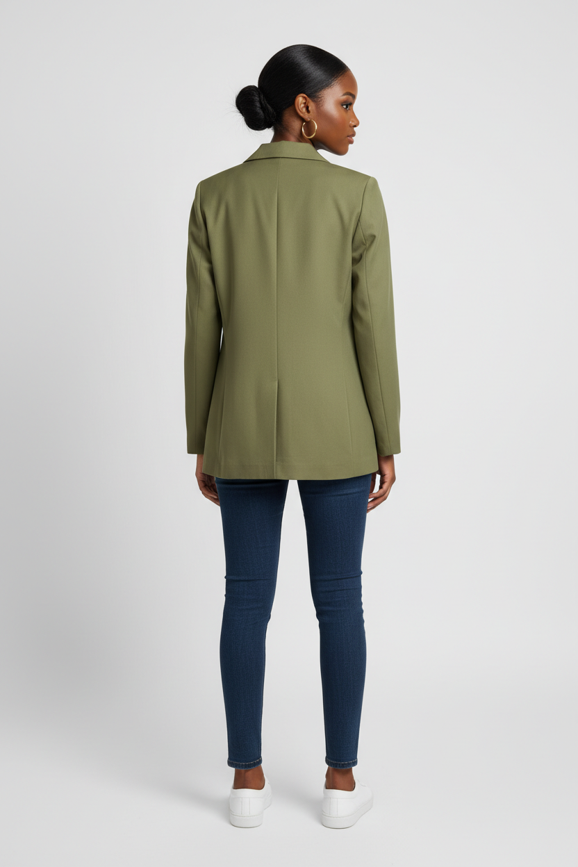 Woman wearing a green jacket and blue jeans on a white background