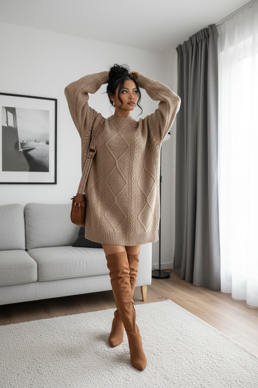 Woman in a beige sweater and brown knee-high boots standing in a living room.