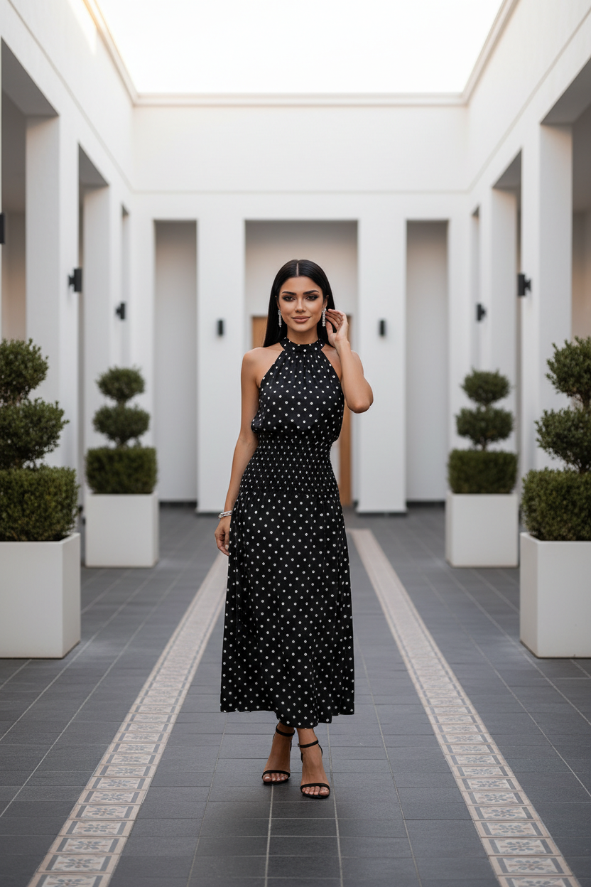 Woman in a black polka dot dress standing in a white architectural hallway with greenery.