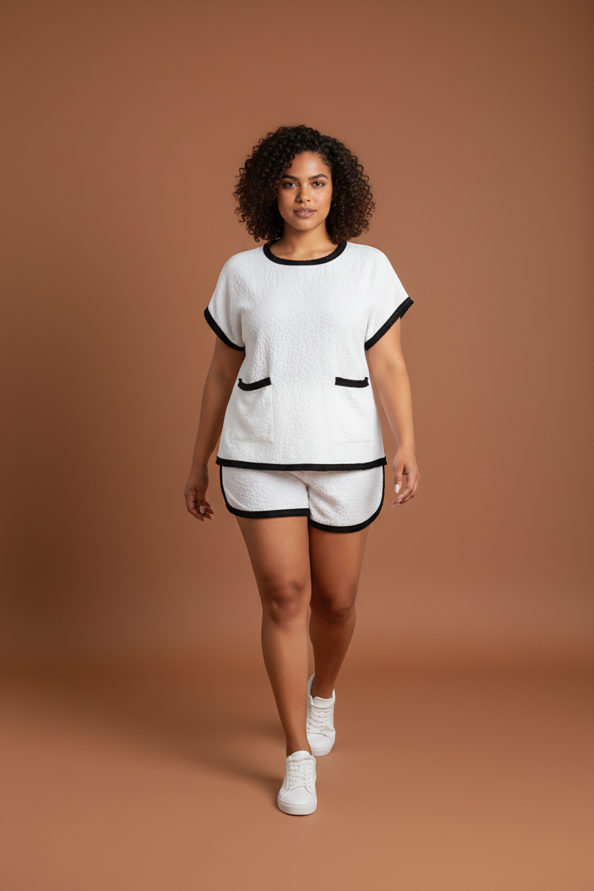 Woman wearing a white outfit with black accents on a brown background