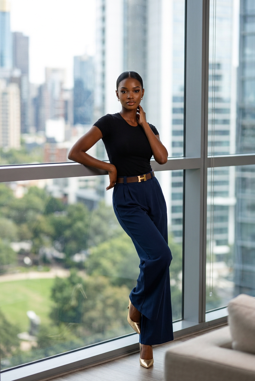 Woman in black top and blue pants standing by a large window with cityscape view