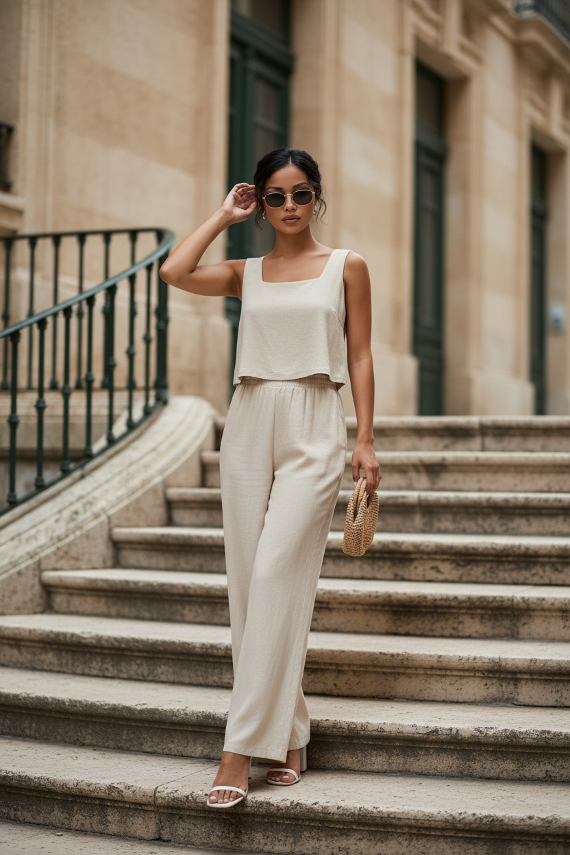 Woman in a white sleeveless top and pants standing on stone steps with a building in the background.