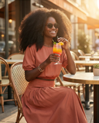 Woman in a pink dress sitting outdoors, holding a colorful drink.