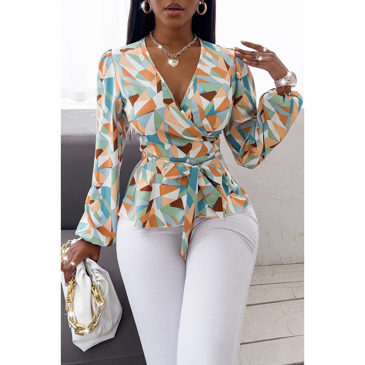 Geometric Pattern Wrap Blouse