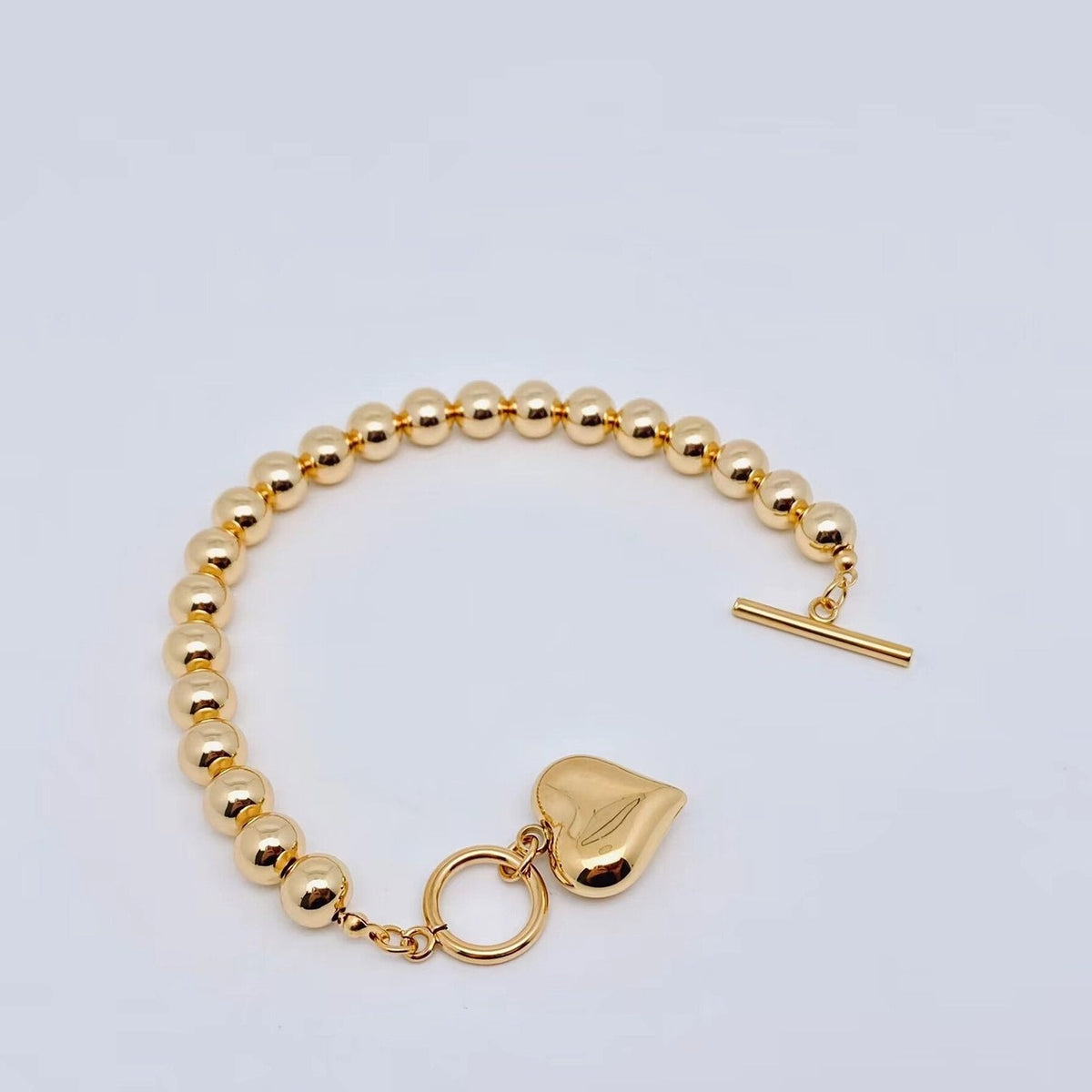 Gold Bead Heart Charm Bracelet