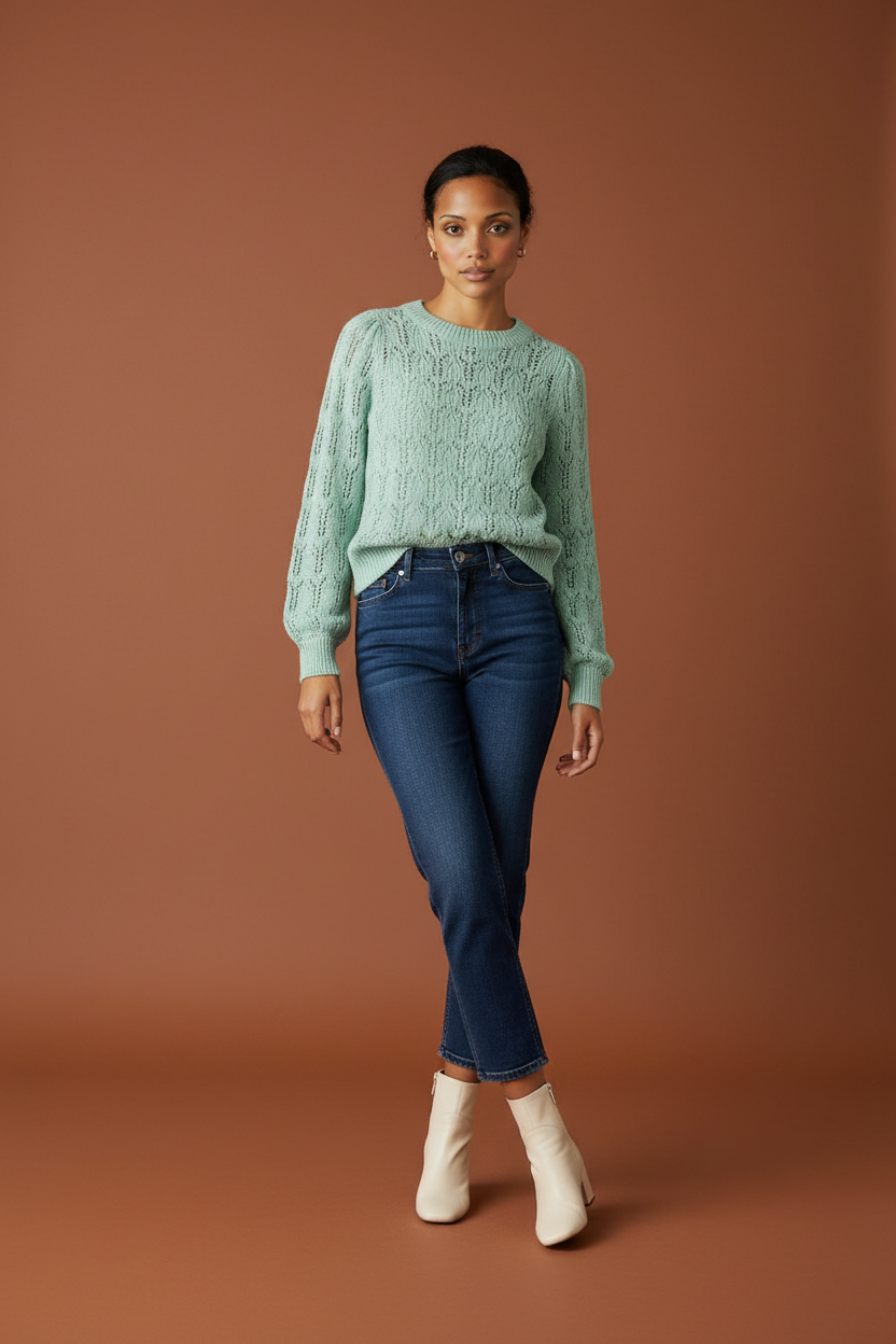 Sage Green Openwork Leaf Sweater