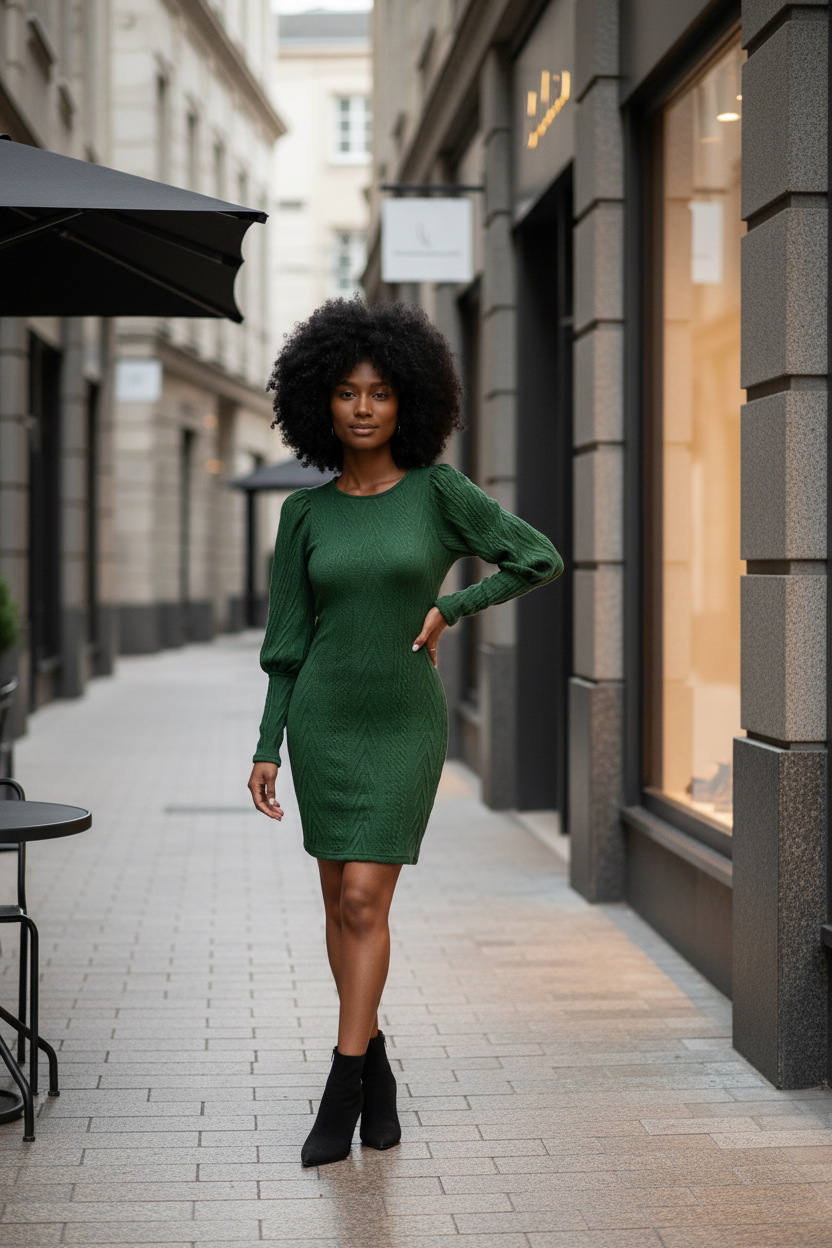 Emerald Knit Puff Sleeve Dress