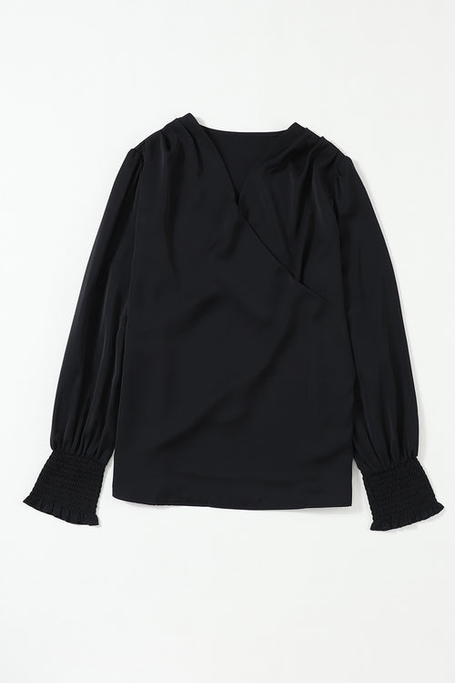 Black Long-Sleeve Wrap Blouse