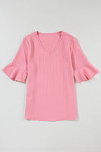 Rose Ribbed V-Neck Blouse