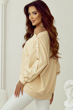 Draped Off-Shoulder Button Sweater