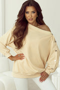 Draped Off-Shoulder Button Sweater