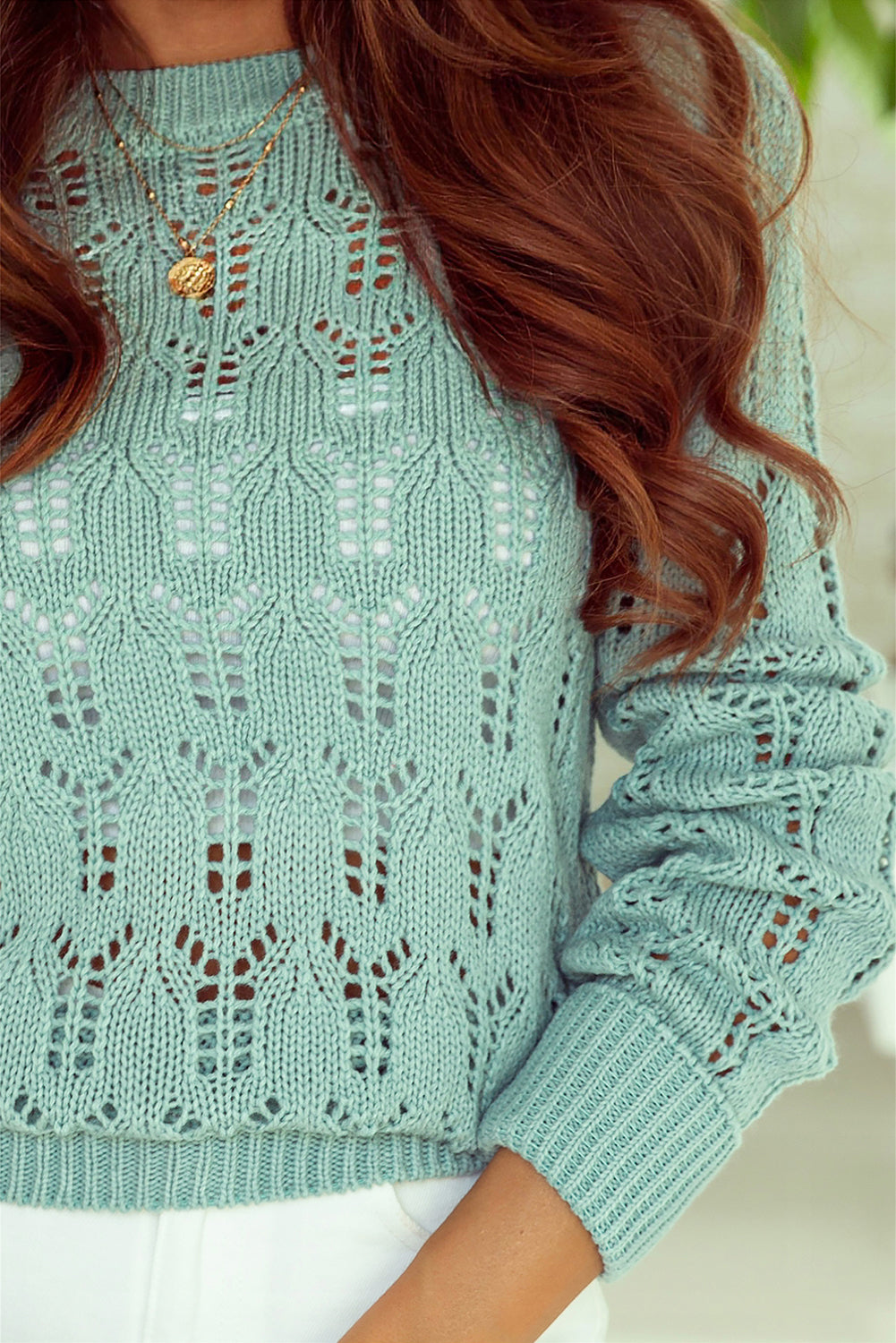Sage Green Openwork Leaf Sweater