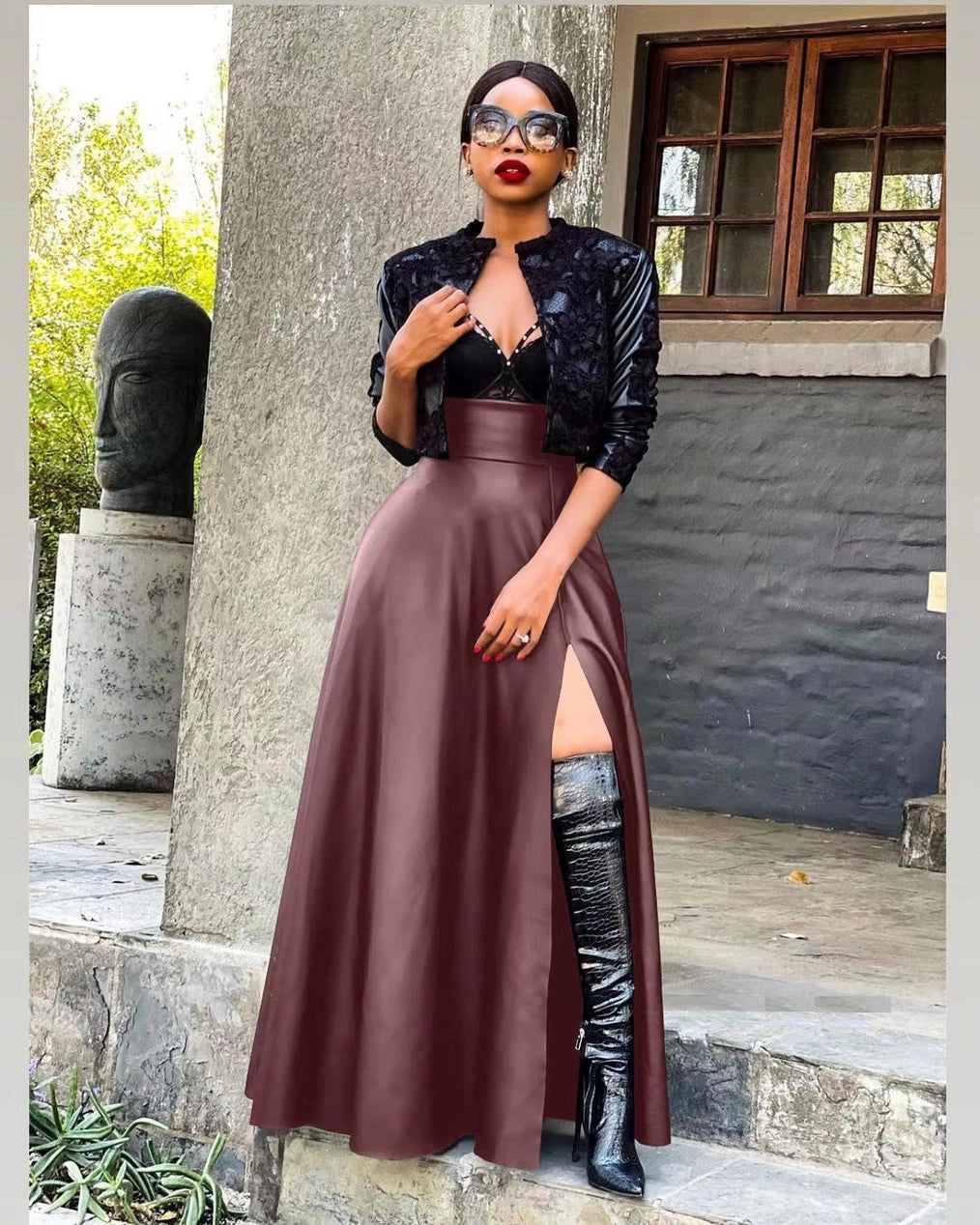 High-Slit Burgundy Leather Maxi