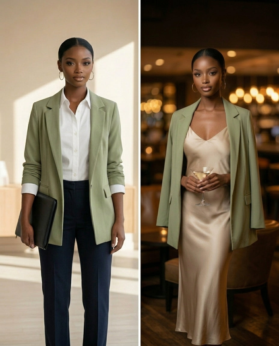 Woman in a green blazer over a white shirt and dark pants, and in a beige dress holding a glass in a restaurant setting.