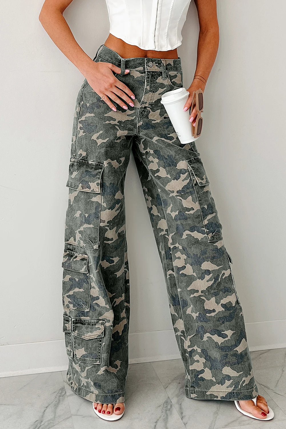 Camo Denim Cargo Wide Leg Pants