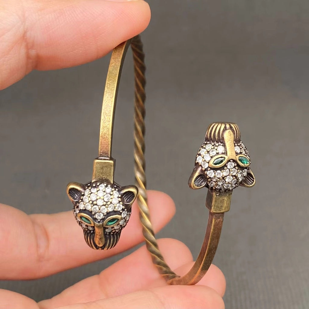 Double Leopard Head Vintage Bronze Brass Bangle